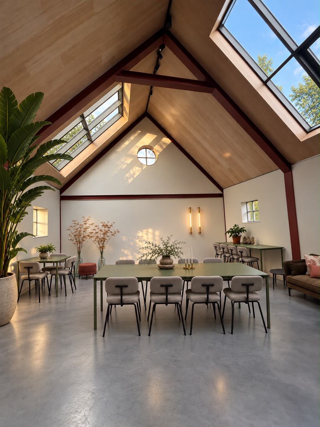 De lichte ruimte bij LOKAAL 47 met een groene tafel en stoelen