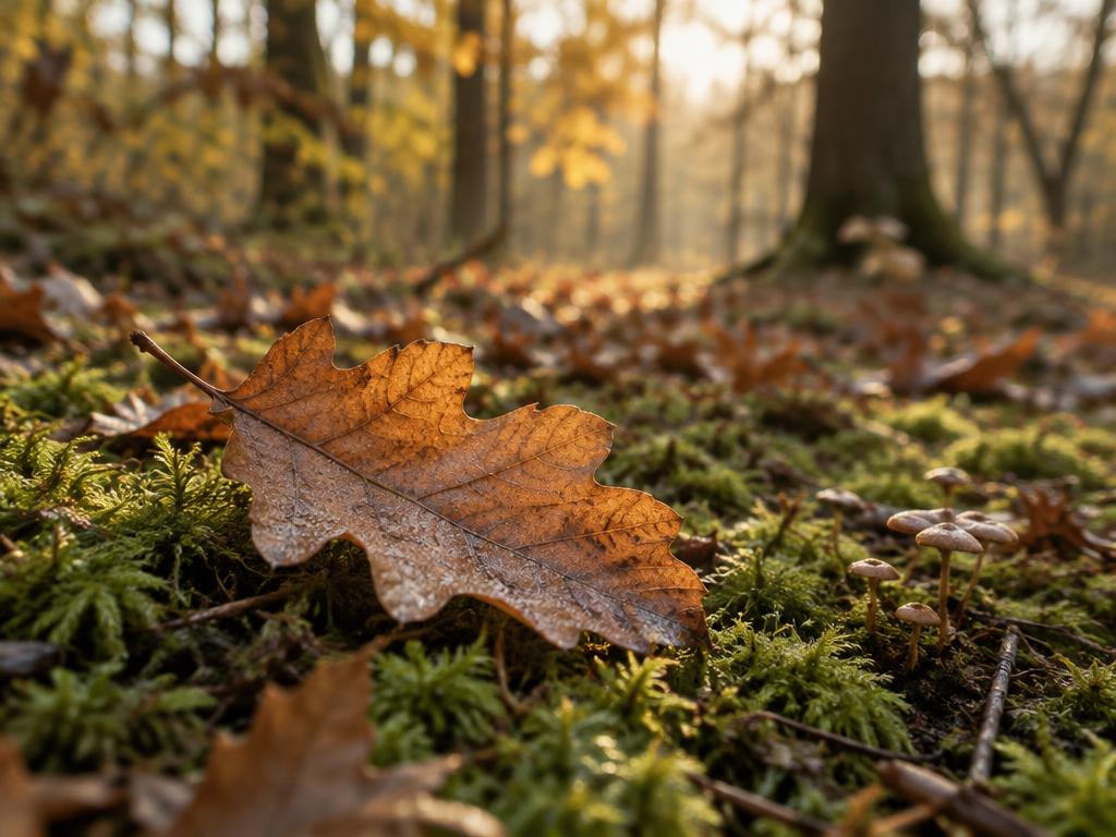 Een gevallen herfstblad op het mos van de bosbodem in het Delftse Hout